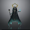 Cloaked Fantasy Character With Golden Halo Glowing Staff And Blue Aura
