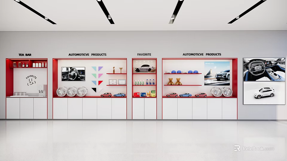 Car Dealership Interior With Automotive Products Accessories And Car Models 3d model 