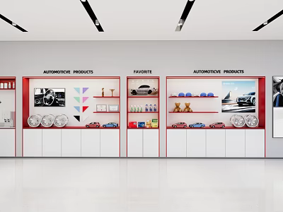 Car Dealership Interior With Automotive Products Accessories And Car Models 3d model
