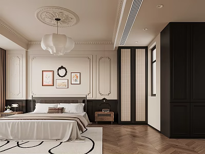 Elegant Bedroom Interior With Ceiling Relief Chandelier Framed Pictures Bed Nightstand Wardrobe And Wooden Flooring 3d model