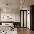 Elegant Bedroom Interior With Ceiling Relief Chandelier Framed Pictures Bed Nightstand Wardrobe And Wooden Flooring