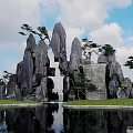 Garden Ornament Featuring Stone Rockery With Water Reflection In Blue Sky And White Clouds