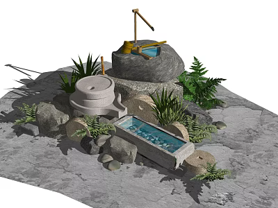 Rustic Garden Ornament with Stone Mill Well Stone Trough Ferns and Succulent Plants 3d model
