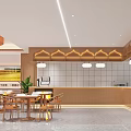 Modern Restaurant Interior Design With Wooden Tables Dining Chairs Orange Ceiling And Pendant Lights