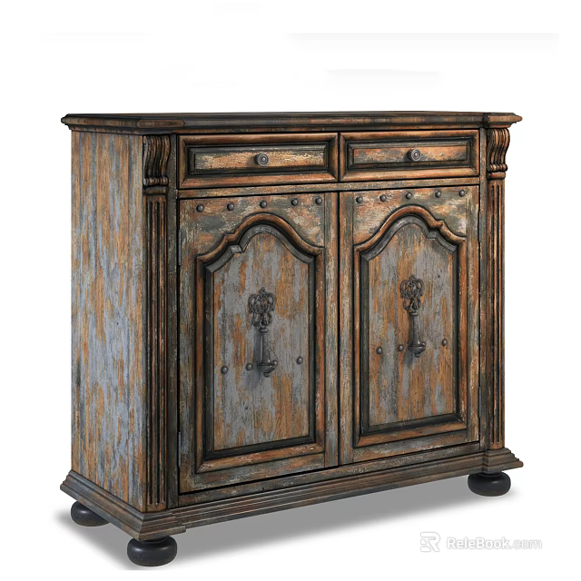 Vintage Entryway Console Cabinet With Distressed Wood Finish Carved Doors Drawers And Metal Handles 3d model 