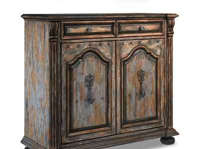 Vintage Entryway Console Cabinet With Distressed Wood Finish Carved Doors Drawers And Metal Handles 3d model