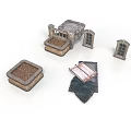 Miniature Scene Components Including Stone Buildings Square Bases Windows Book And Cloth