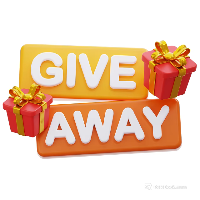 Decorative Ornament Set with Give Away Sign Red Gift Boxes and Golden Bows 3d model 