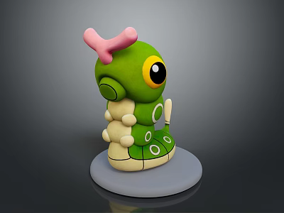 Cute Green Game Movie Character With Pink Horn Large Eyes Segmented Body On White Base 3d model