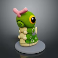 Cute Green Game Movie Character With Pink Horn Large Eyes Segmented Body On White Base