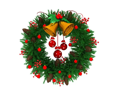 Christmas Themed Decorative Ornament Set With Wreath Golden Bells Red Balls Pine Cones And Berries 3d model