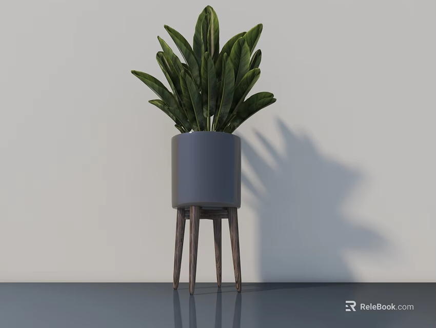 Indoor Bonsai Plant In Gray Pot With Wooden Stand And Green Leaves 3d model 
