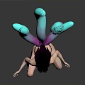 Woman With Black Hair In Black Bikini And Blue Purple Wings Crouching Against Gray Background