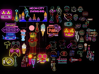 Vibrant Neon Decorative Lights with Various Icons Signs and Colorful Designs for Home Party 3d model