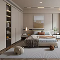 Modern Bedroom Interior With Comfortable Bed Hanging Painting Wardrobes Nightstands Pendant Light And Armchair