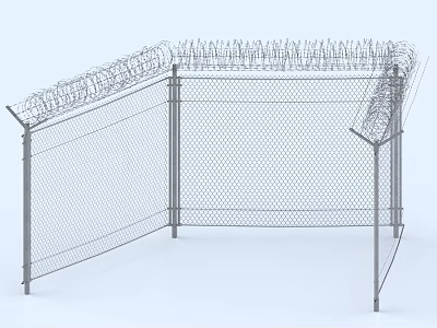 Exterior Building Wall With Metal Chain Link Fence And Barbed Wire Topping 3d model