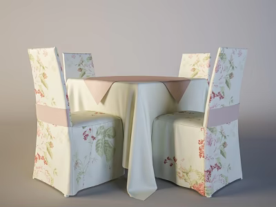 Elegant Dining Table Set With Four Floral Patterned Chairs And Tablecloth 3d model