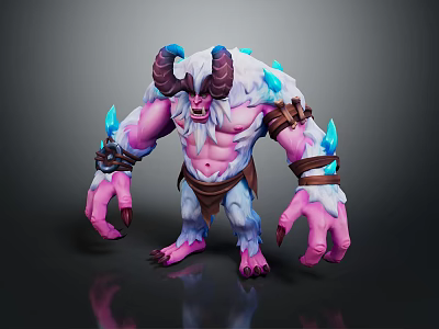 Mythical Horned Monster Character With Pink Skin White Fur Brown Straps And Blue Glowing Crystals 3d model