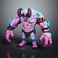 Mythical Horned Monster Character With Pink Skin White Fur Brown Straps And Blue Glowing Crystals