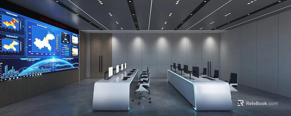 Modern Control Room Interior With Multiple Monitors Console Desks Ergonomic Chairs And Ceiling Lighting 3d model