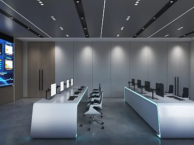 Modern Control Room Interior With Multiple Monitors Console Desks Ergonomic Chairs And Ceiling Lighting 3d model