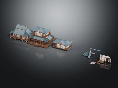 Traditional Chinese Architecture Model With Multiple Wooden Structures Blue Tiled Roofs and Detachable Components 3d model