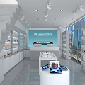 Modern Digital Store Featuring iPhone Display Shelves and Smartphone Products on White Counter