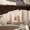 Elegant Banquet Hall Interior With White Arches Crystal Chandeliers And White Tables