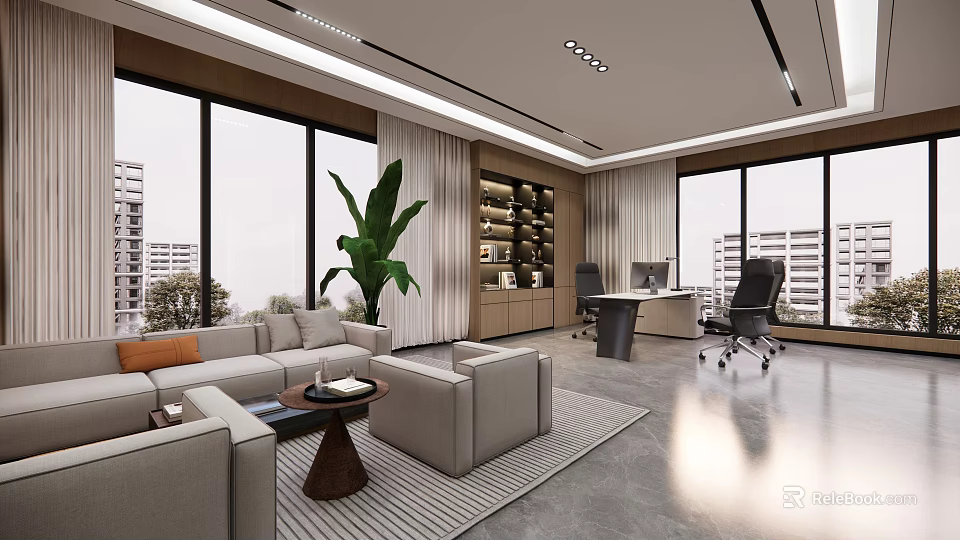Modern Office Interior With Large Windows Sofa Area Bookshelf Desk And Green Plant 3d model 
