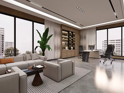 Modern Office Interior With Large Windows Sofa Area Bookshelf Desk And Green Plant 3d model