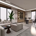 Modern Office Interior With Large Windows Sofa Area Bookshelf Desk And Green Plant