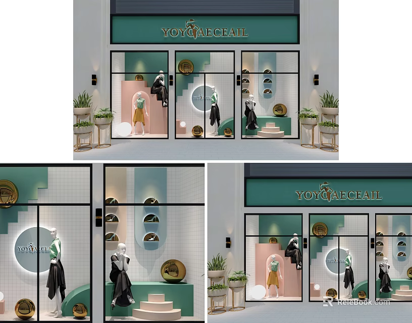 Stylish Store Window Display With Clothing Mannequins Circular Decorations And Green Signage 3d model 
