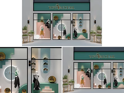 Stylish Store Window Display With Clothing Mannequins Circular Decorations And Green Signage 3d model