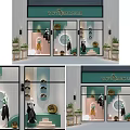 Stylish Store Window Display With Clothing Mannequins Circular Decorations And Green Signage