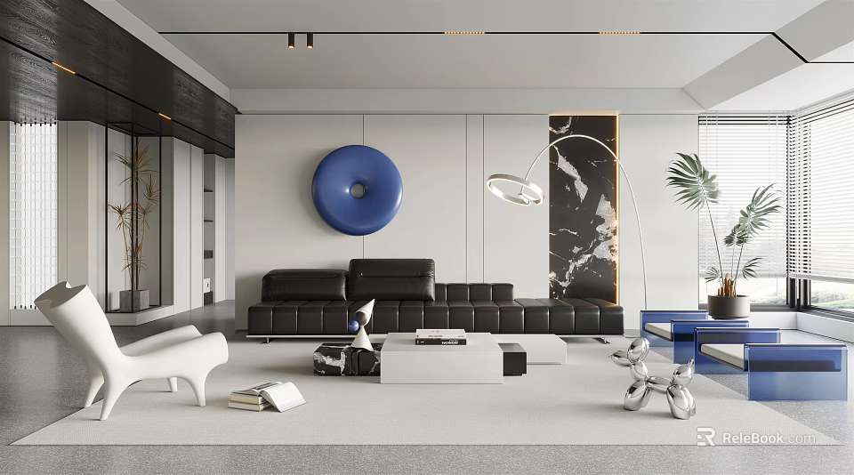 Modern Living Room with Black Sofa Blue Circular Wall Art Marble Wall and Floor Lamp 3d model 