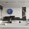 Modern Living Room with Black Sofa Blue Circular Wall Art Marble Wall and Floor Lamp