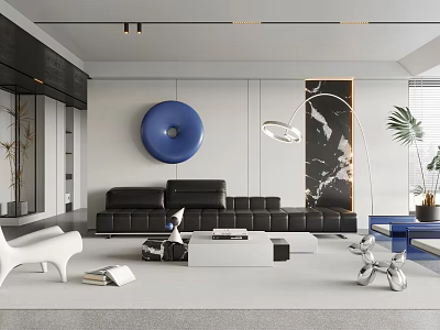 Modern Living Room with Black Sofa Blue Circular Wall Art Marble Wall and Floor Lamp 3d model