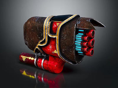 Futuristic Sci Fi Weapon With Red Brown Body And Blue Glowing Multiple Barrels 3d model