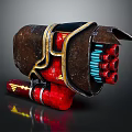 Futuristic Sci Fi Weapon With Red Brown Body And Blue Glowing Multiple Barrels
