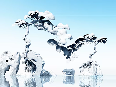 Artistic Trees With Unique Sculptural Forms Cloud Like Foliage Against Blue Sky And Water Reflections 3d model