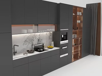 Modern Kitchen Featuring Gray Cabinets Marble Countertop And Open Storage Shelves 3d model