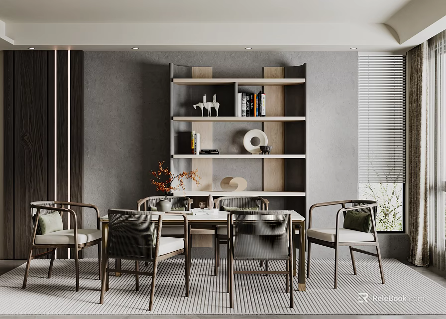 Modern Elegant Restaurant Interior With Dining Table And Chairs Bookshelf Gray Wall And Wooden Elements 3d model