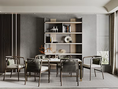 Modern Elegant Restaurant Interior With Dining Table And Chairs Bookshelf Gray Wall And Wooden Elements 3d model
