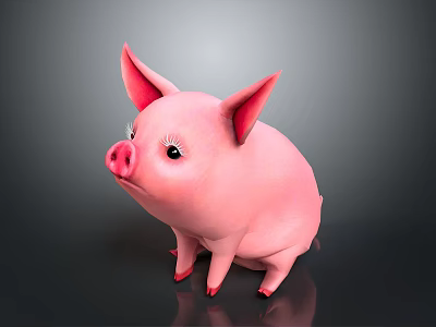 Pink Piglet With Big Ears Black Eyes Red Nose And Red Hooves On Dark Background 3d model