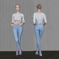Woman Wearing White Top Light Blue Jeans Front Back Against Striped Gray Wall Purple Shoes
