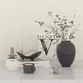 Tabletop Decorative Ornament Arrangement With Black Vase Plant Books Candle And Bowl Decor