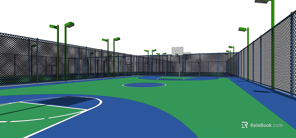 Outdoor Lights for Basketball Court with Fence and Night Illumination Setup 3d model 