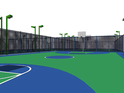 Outdoor Lights for Basketball Court with Fence and Night Illumination Setup 3d model
