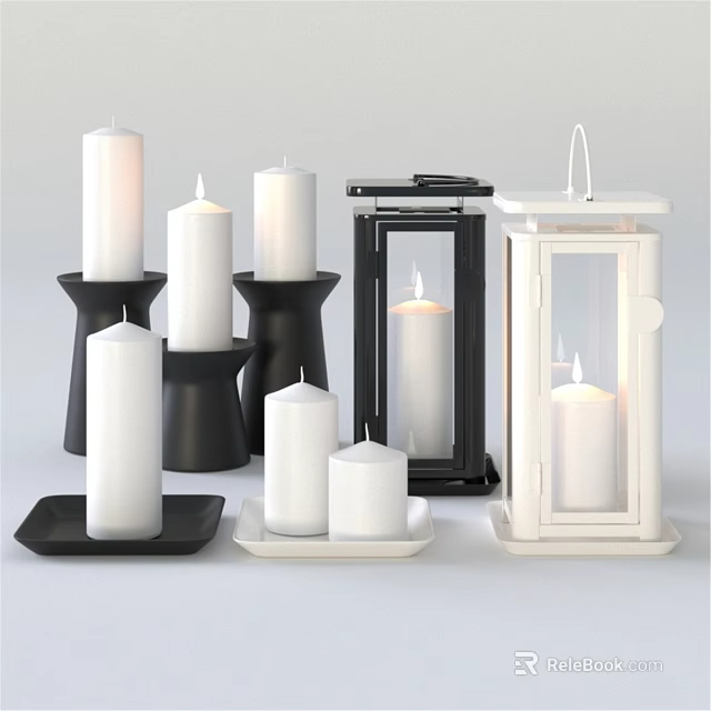 Decorative Ornament Set Featuring White Black Lit Candles Candle Holders and Lanterns 3d model 