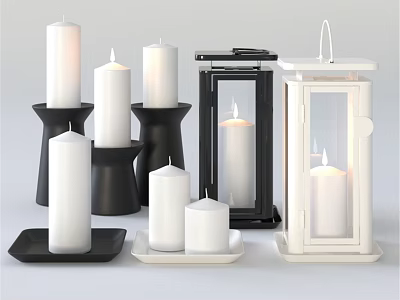 Decorative Ornament Set Featuring White Black Lit Candles Candle Holders and Lanterns 3d model